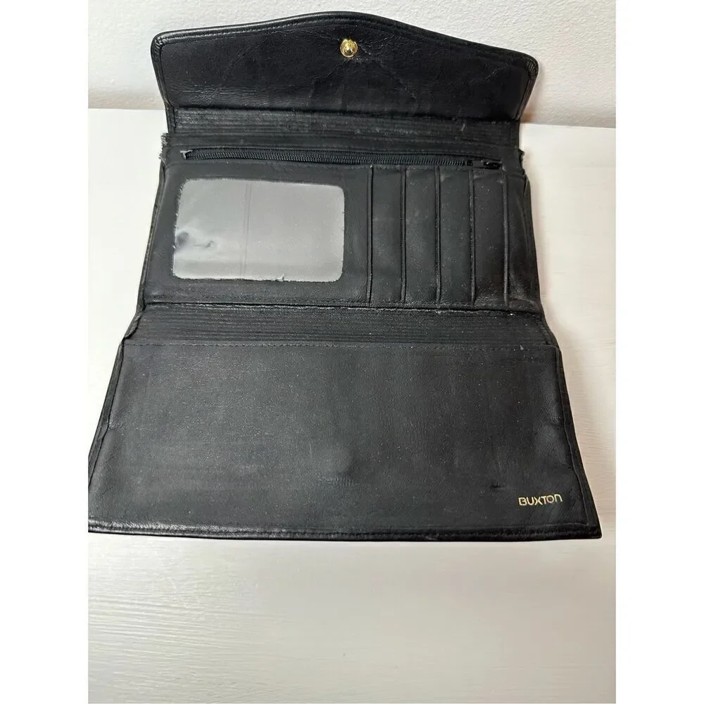 Buxton black leather women’s wallet with coin kiss lock pocket size 7.5”x5” #M-1